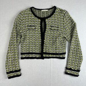Alice + Olivia Tyler Cropped Texture Cardigan Green Black Knit Sweater Size L